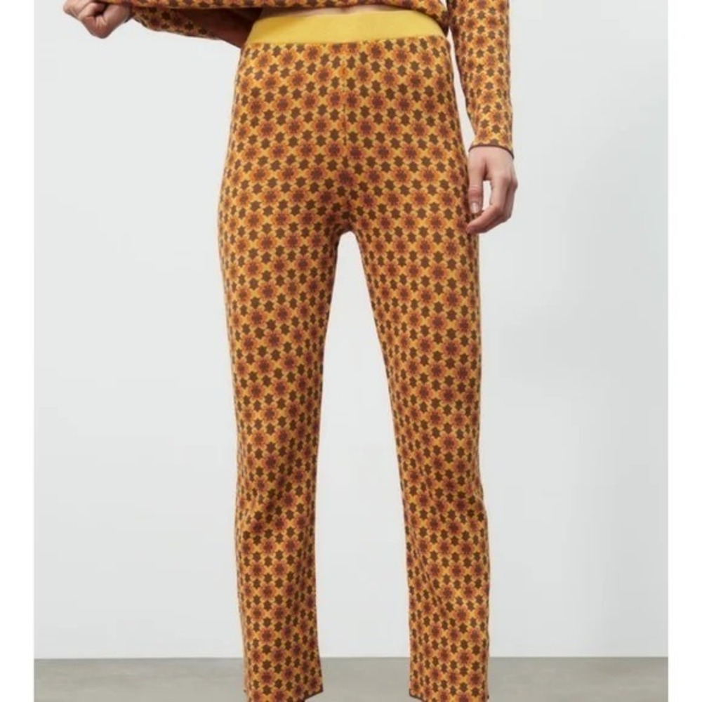 Zara Womens 70s Retro Orange Geometric High Rise Flared Jacquard Legging Pants S